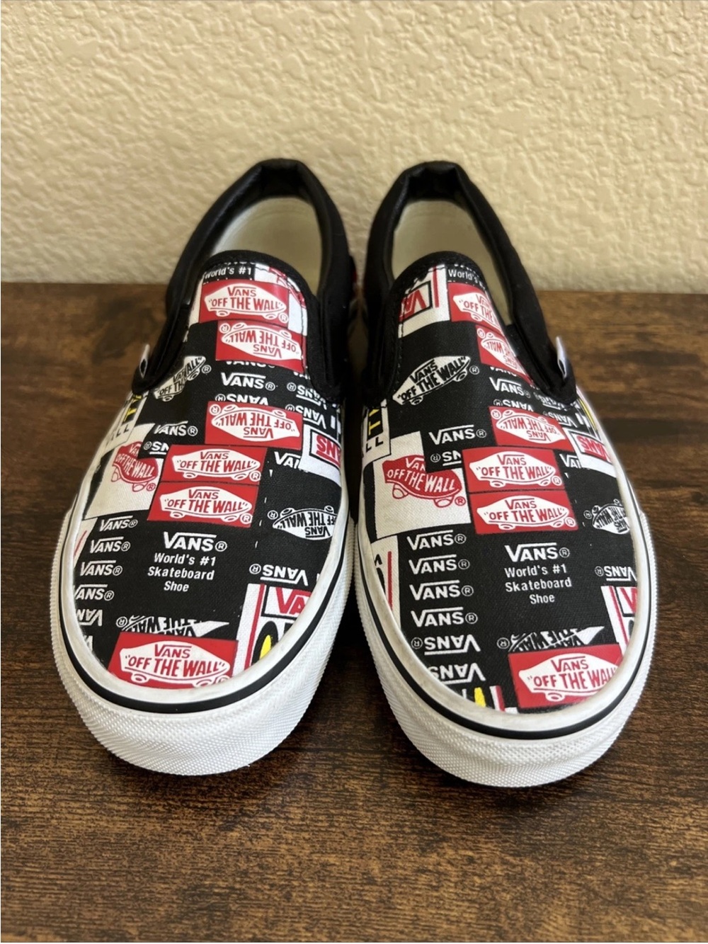 Vans Classic Slip-On Label Mix in Black, White Mens 4.5 Women’s 6.0